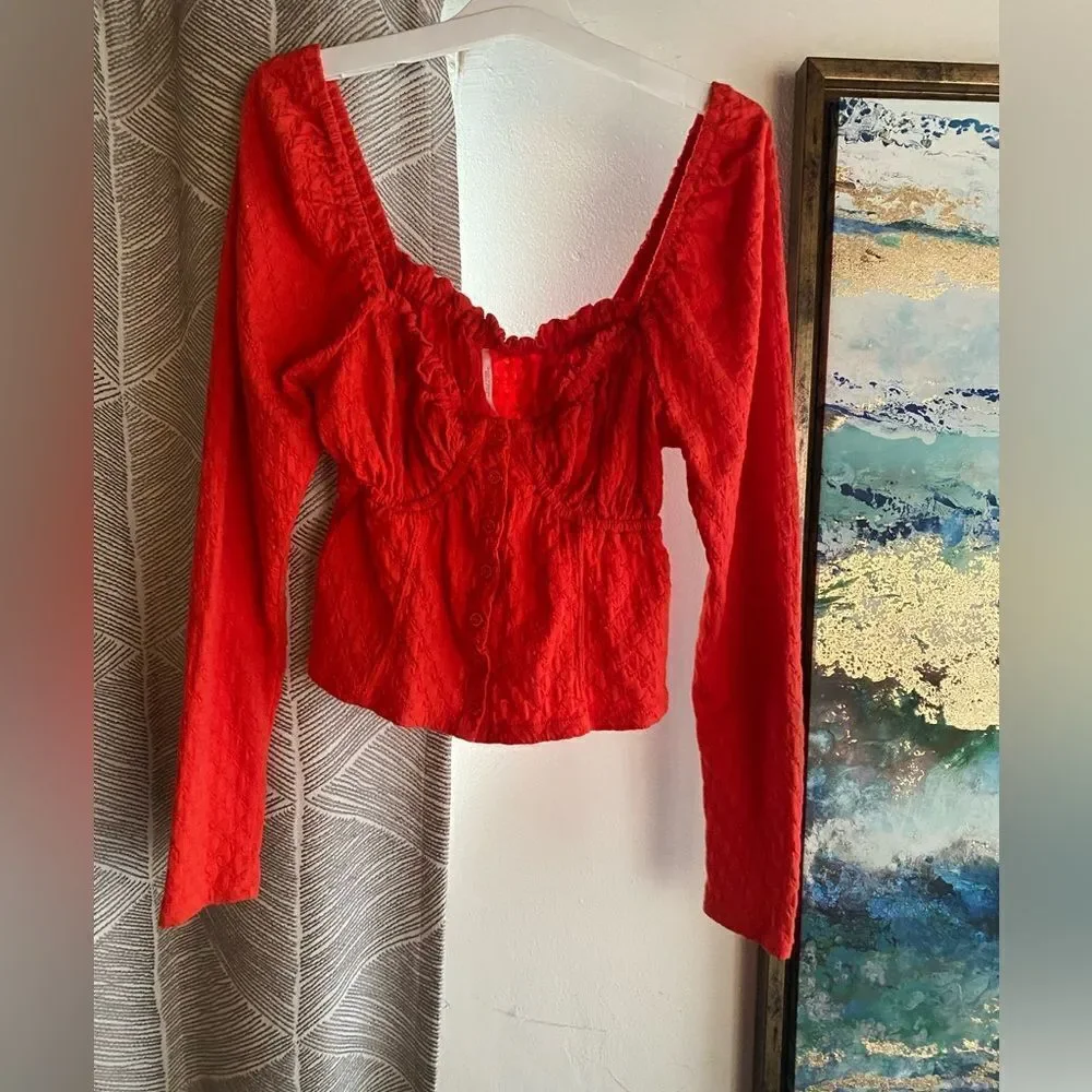 Free People Crop Top Womens  Orange  Blouse Long Sleeve Sz M Buttons
